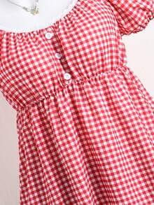 SHEIN 少女格子荷叶边休闲百搭日常穿搭花瓣袖衬衫 - 紅色 - 查看 7