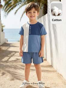 Cozy Pixies 2 pièces/set Top à manches courtes col rond tricoté et short taille élastique pour jeune garçon, en couleurs contrastées - Bleu azur - Voir 10