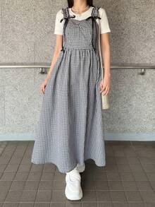 FRIFUL 女士吊带格子A字连衣裙，肩带饰有蝴蝶结 - 黑與白 - 查看 5