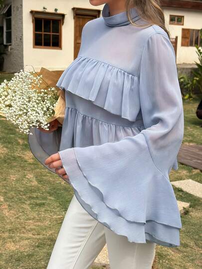 Livesso 女士荷叶边下摆纯色薄纱高领长袖衬衫