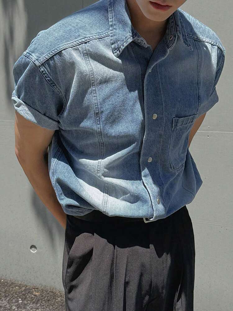 Men's Washed Denim Short Sleeve Shirt, Summer
