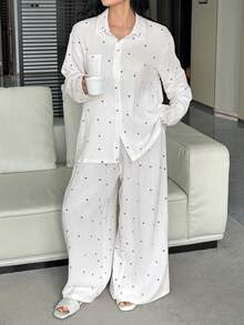 Dazy Plus Heart Print Loose Long Sleeve Top And Long Pants Pajama Set, Plus Size Women Spring/Autumn Sleepwear - White - View 7