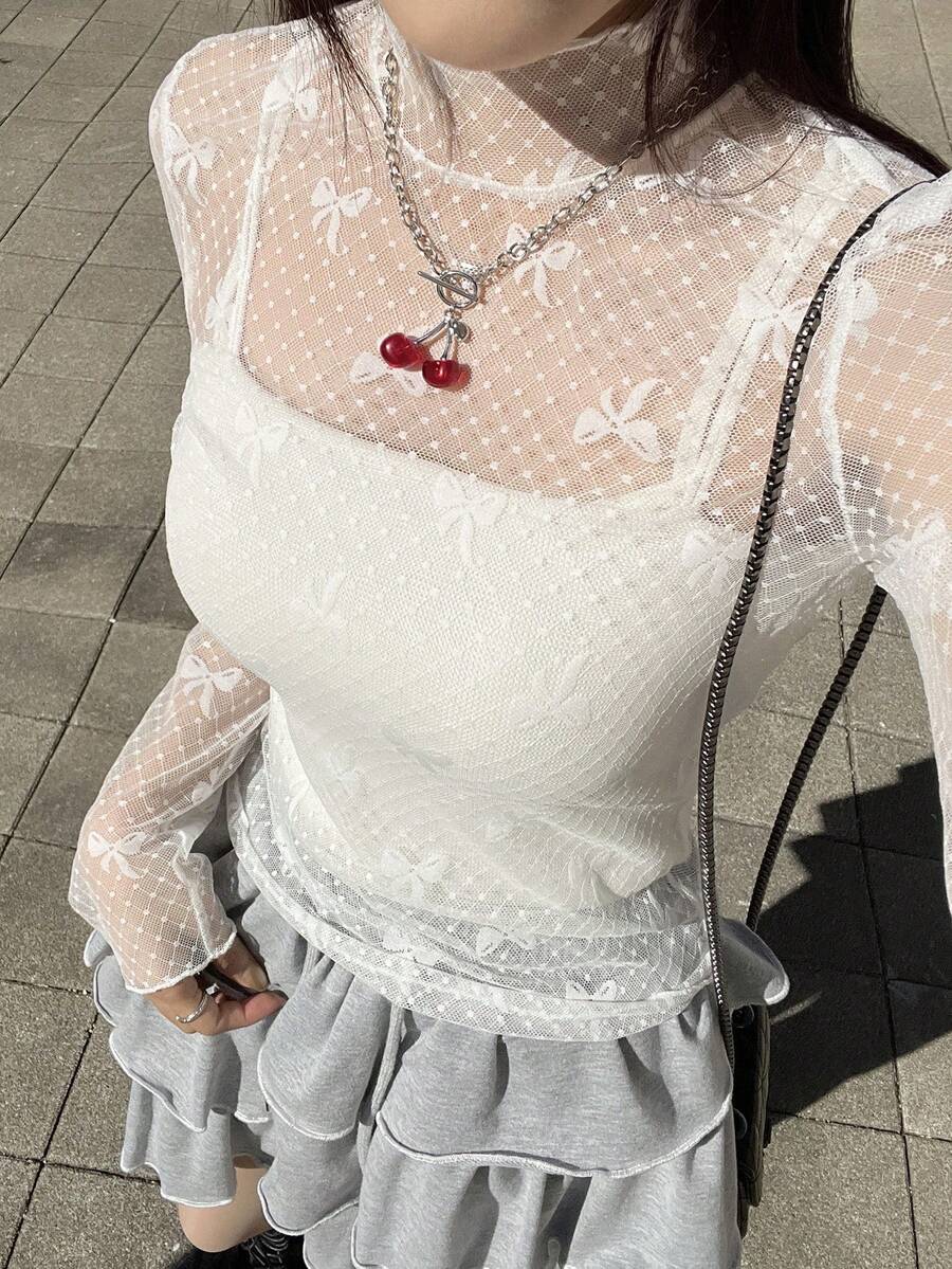 FRIFUL 女士纯白色薄纱蕾丝面料多层修身百搭衬衫 - 白色 - 查看 1