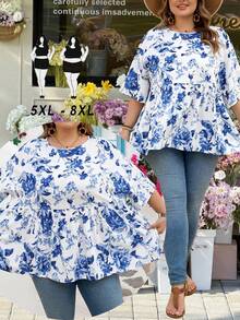 SHEIN CURVE+ Curve 尺码 US22 音乐节、海滨度假、波西米亚风女士春夏时尚休闲宽松舒适日常百搭修身质感面料黄色短袖衬衫，简约风格，可爱曲线上衣，外出上衣，女士衬衫，欧洲夏季，荷叶边上衣，女士早午餐，女士秋季服装，冬季，CURVE PLUS - 藍白色 - 查看 12