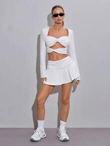 SHEIN ICON Women's Going Out Fashion White Sport Athleisure Run Tennis Golf Sexy Vacation Style Solid Color Keyhole Twist Hollow Cropped Top, Spring/Summer - White - View 6