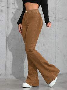 SHEIN Privé Quần jeans ống loe cạp cao, giặt mài, phong cách thường ngày - màu nâu - Xem 6