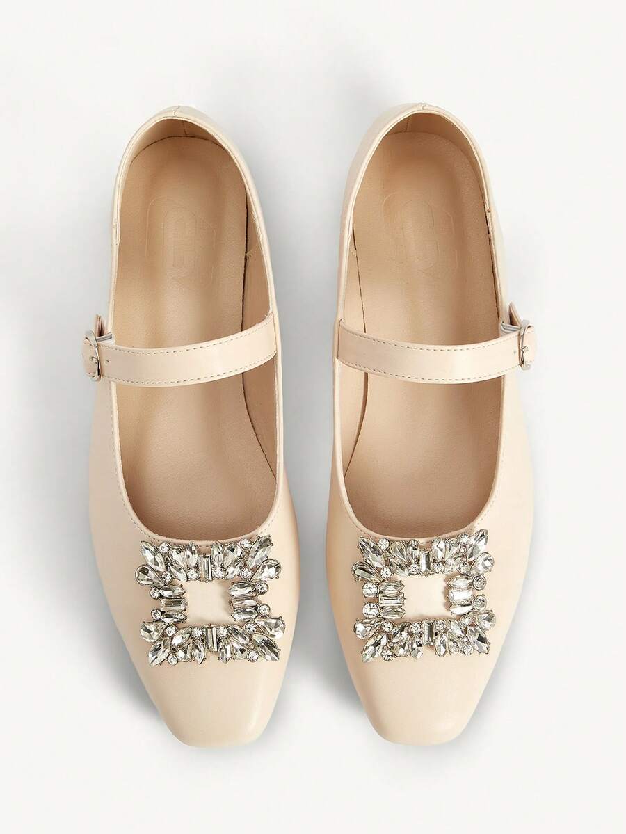 CUCCOO CHICEST Zapatos retro para mujer, nueva llegada de otoño, elegantes mocasines franceses con hebilla cuadrada de diamante de imitación - Albaricoque - Ver 1