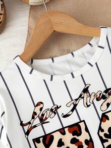Sparklyn Tween Girl Leopard Print, Letter & Striped Short Sleeve T-Shirt And Wide Leg Pants Casual Outfit - Multicolor - View 4