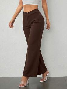 SHEIN PETITE 女士休闲优雅修身直筒裤 - 咖啡棕 - 查看 4