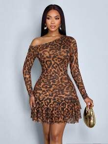 Party Ready Women's Mesh Bodycon Dress, Orange Leopard Random Print Mini With Asymmetrical Neck And Tiered Layer Hem - Orange - View 3