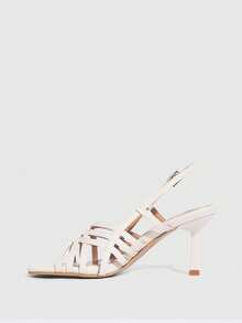 CUCCOO SZL Retro Square Toe Woven Hollow Roman Sandals For Women With French Style Dress Temperament, Minimalist Retro Style Square Toe Cross Thin Strap Versatile Commuting Slim Heel Open Toe Sandals, High Heels Prom Heels Summer Shoes - White - View 4