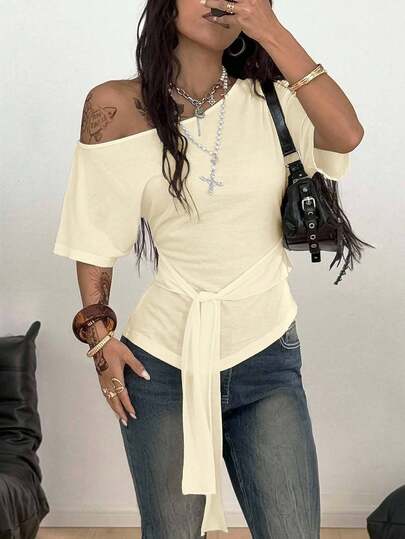 Coolane Camiseta informal de mujer de unicolor con dobladillo asimétrico anudado, para verano