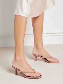 SHUZIA #极简时尚 女士仿皮裸色卷边绑带撞色鞋垫方头低跟人字拖凉鞋 – 简洁、精致、优雅、舒适 - 米色 - 查看 2