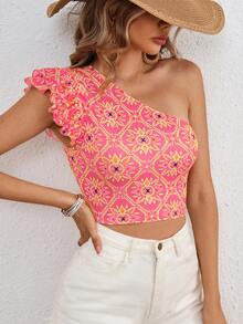SHEIN VCAY Asymmetrical Shoulder Knit Print Cropped Fitted Top For Women - Pink - View 3