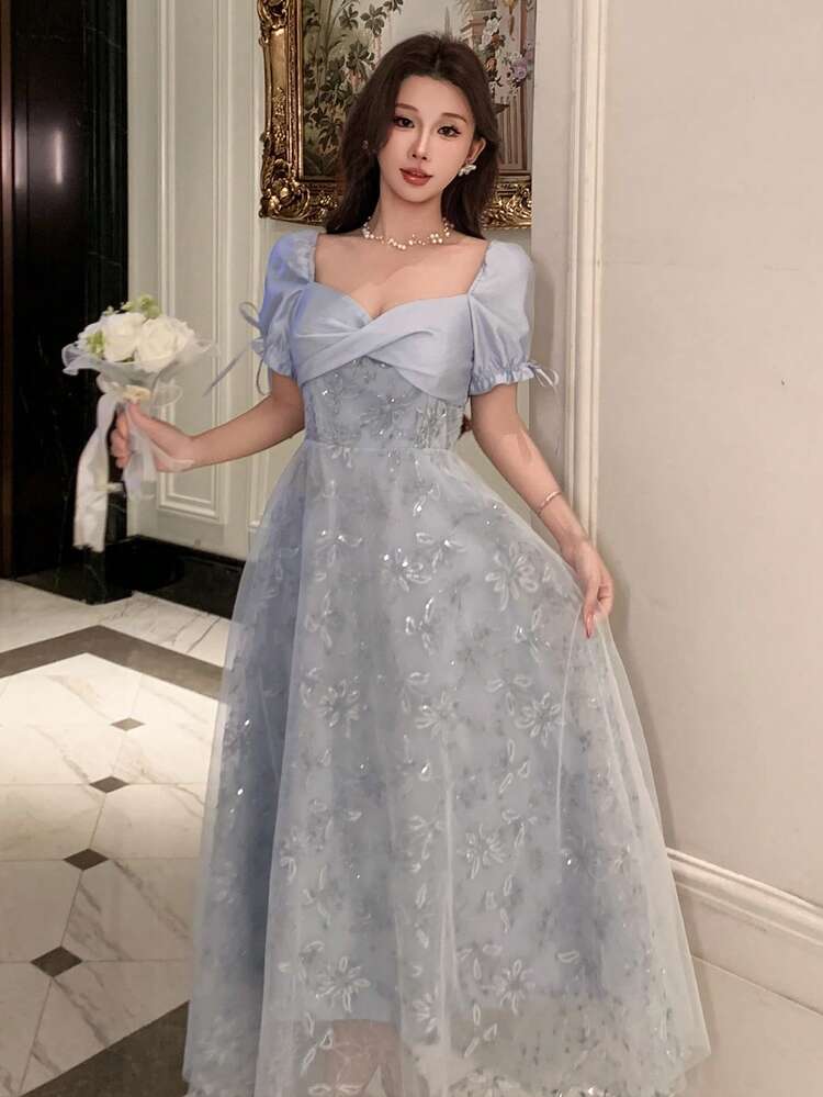 DAZY Women's Elegant Sequin Embroidered Patchwork Mid-Length Dress, Summer - Blue - View 3