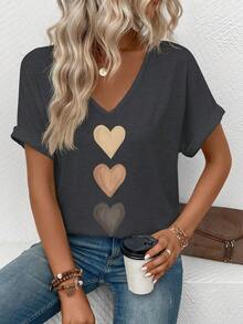 Selamara Women's V-Neck Turnover Cuff, Ombre Heart Print Casual Versatile T-Shirt, Spring/Summer - Dark Grey - View 4