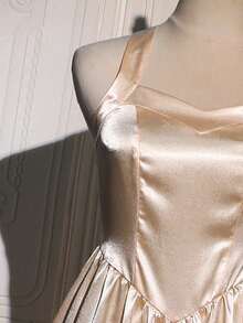 Teen Girl Solid Color Pleated Elegant Party Dress - Champagne - View 4