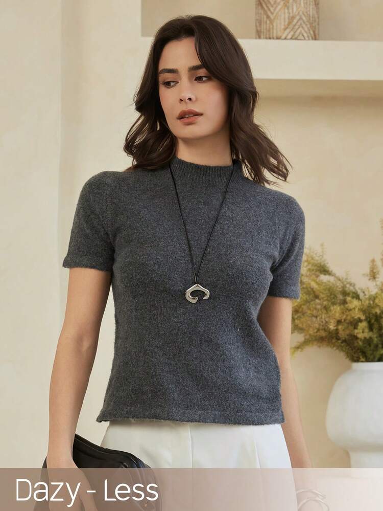 Women's Solid Color Stand Collar Fitted Casual Versatile Short Sleeve Sweater Business Casual Woman