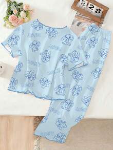 Genkimix Kids Tween Girls 1 Set Pajamas, Blue Round Neck Short Sleeve T-Shirt With Cute Rabbit Print, Contrast Trim, Matched With All-Over Rabbit Print Pants, Casual Loungewear Set - Blue - View 2