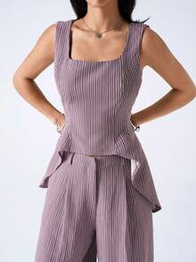 LYSMO 2026 New Arrive Minimalism Spring/Summer Women's Striped Square Neck Collar Vest And Wide Leg Pants Casual Suit Set - Burgundy - View 5