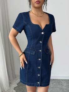 Elenzga 女士单排扣收腰休闲牛仔连衣裙，适合日常穿着和约会 - 深色水洗藍 - 查看 4