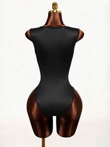 Mistrie Women's Letter Print Plunging Neck Sleeveless Bodysuit - Black and White - View 2