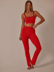Aralina Conjunto de ropa deportiva para mujer con top corto con aberturas y cortes y leggings de cintura alta elásticos - Rojo - Ver 4