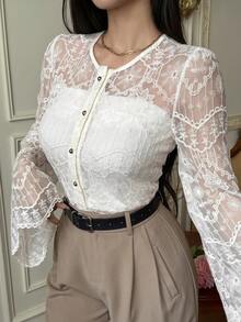 DAZY 女士圆领蕾丝半透明优雅衬衫 - 杏色 - 查看 6