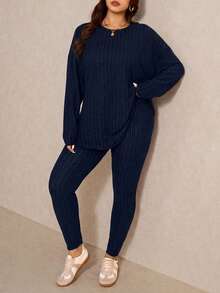 SHEIN Cottnline Plus Size Comfortable Knitted Ribbed 2 Pieces Set - Navy Blue - View 3