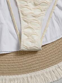 Swim Mod Halter Neck Plain Mesh Bikini Set, Hollow-Out Fabric Paired With Solid Color, Decorated With Accessory At Front - Apricot - View 7