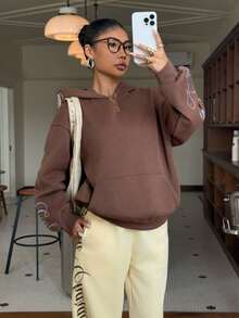 Muchica 女士休闲棕色刺绣卫衣，秋冬季，外出，街头服饰 - 棕色 - 查看 3