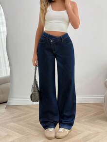 EURMUSE LOW WAIST STRAIGHT JEAN MEDIUM DARK BLUE COLOR CASUAL STYLE BUTTON CLOSURE Asymmetric Belt - Dark Wash - View 7