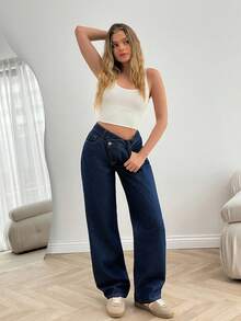 EURMUSE LOW WAIST STRAIGHT JEAN MEDIUM DARK BLUE COLOR CASUAL STYLE BUTTON CLOSURE Asymmetric Belt - Dark Wash - View 6