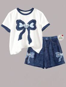 Emery Rose Kids Emery Rose Kids Bộ 2 món/Bộ đồ liền thân cổ tròn tay ngắn phối ren thêu nơ trang trí cho bé gái tuổi teen, trang phục mùa hè thoải mái - Nhiều màu - Xem 3