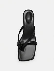 夏季新款软皮方头凉鞋、细跟一脚蹬人字拖、百搭细跟人字拖，女士 - 黑色 - 查看 9