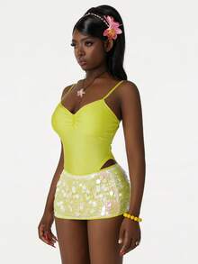 Amplova Women Neon Green Ruched Camisole Jumpsuit And Sequin Bodycon Mini Skirt Sexy 2 Pieces Set - Yellow - View 1