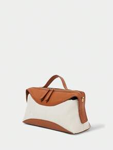 SHECARRY Ladies Casual Canvas Splicing Handbag - Beige Canvas + Brown - View 3