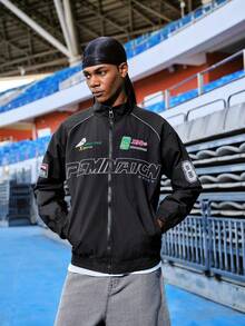 EVRINFINITE Áo khoác nam dài tay in chữ, kiểu dáng thường ngày, áo khoác đua xe đường phố mùa xuân/thu, áo khoác mô tô màu đen, áo khoác bomber dài tay thiết kế cá tính, phiên bản đường phố, quà tặng cho bạn bè, chồng, bạn trai, áo khoác mùa hè, áo khoác thể thao. - màu đen - Xem 1