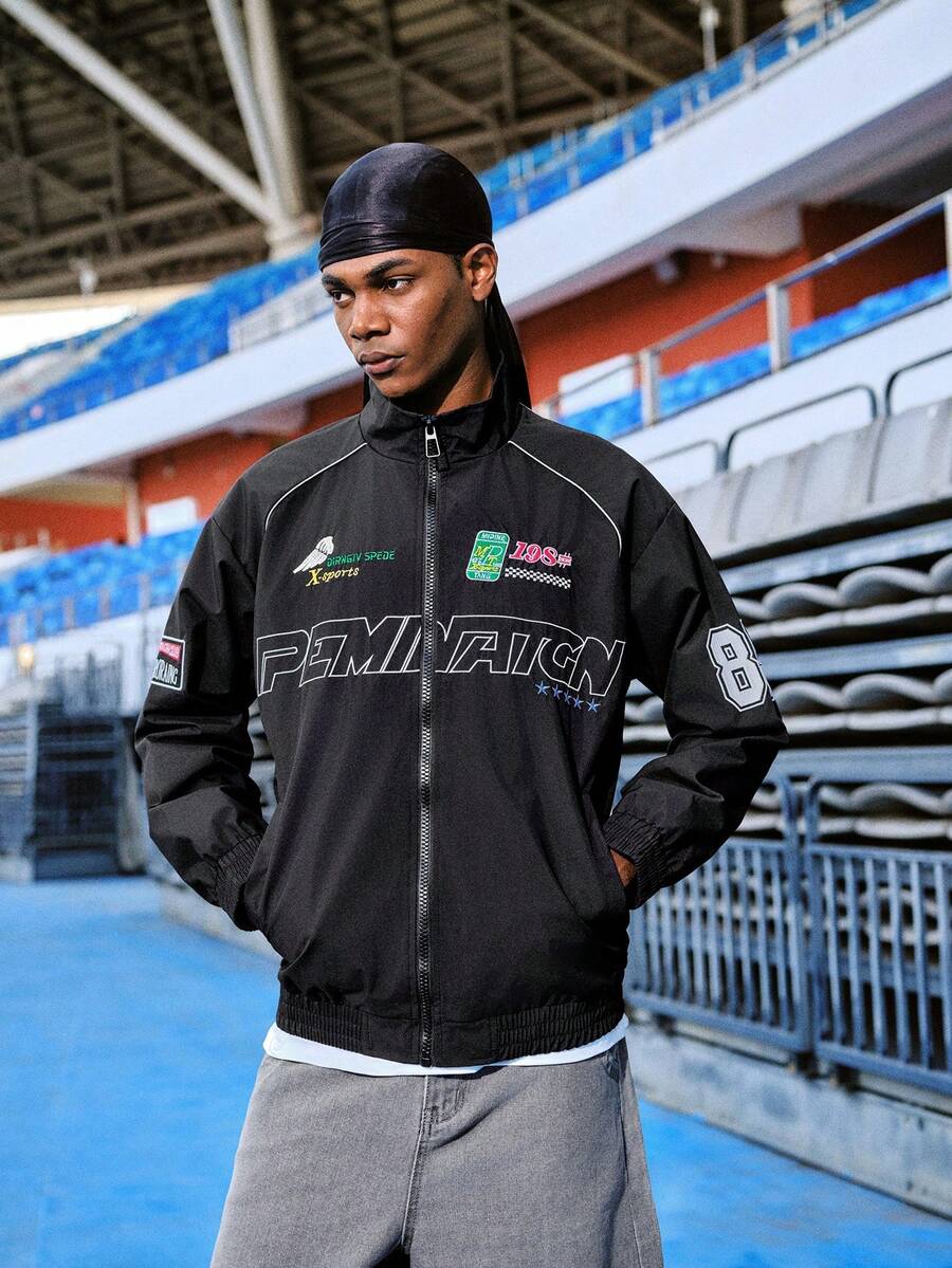 EVRINFINITE Áo khoác nam dài tay in chữ, kiểu dáng thường ngày, áo khoác đua xe đường phố mùa xuân/thu, áo khoác mô tô màu đen, áo khoác bomber dài tay thiết kế cá tính, phiên bản đường phố, quà tặng cho bạn bè, chồng, bạn trai, áo khoác mùa hè, áo khoác thể thao. - màu đen - Xem 1