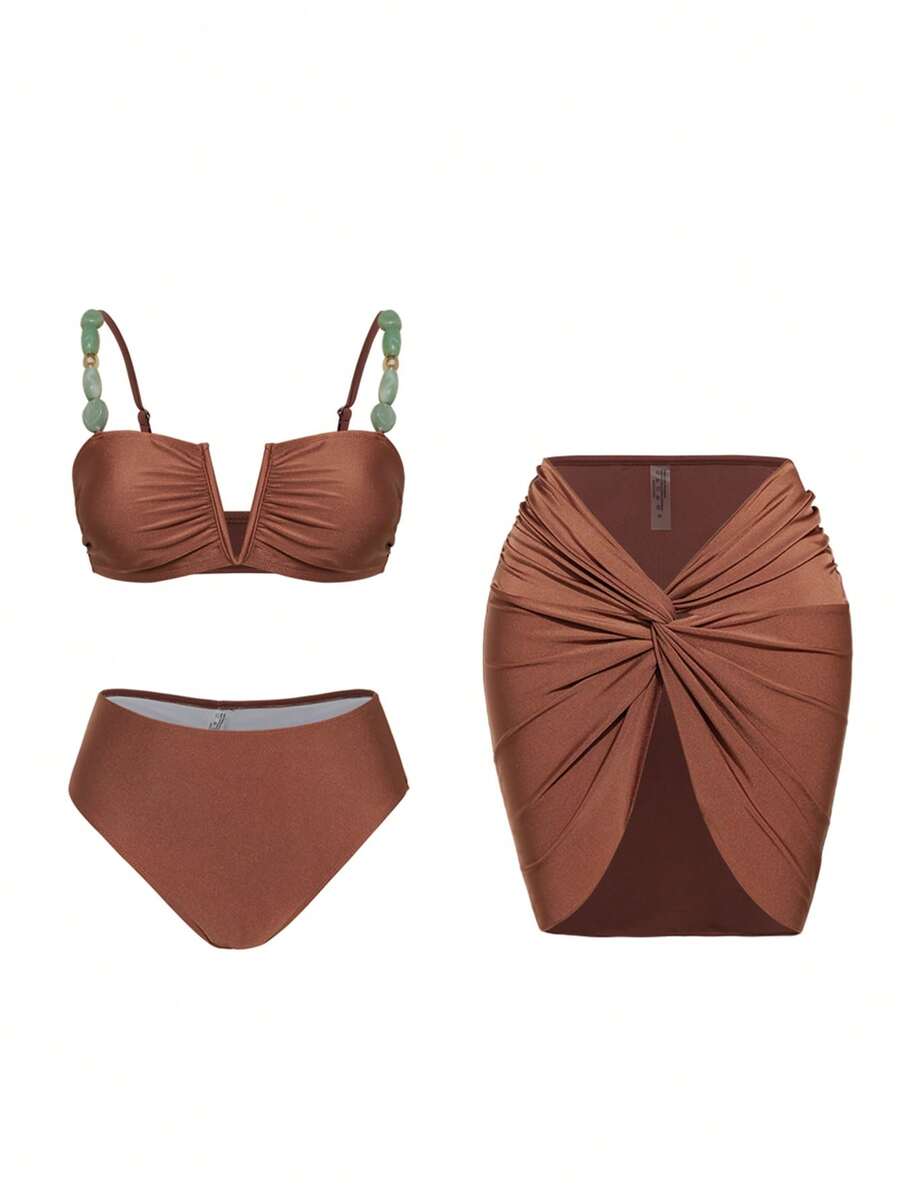 Swim Oasis-D Women Solid Color Spaghetti Strap Chain Decor V-Neck Top & Triangle Bottoms & Skirt 3 Pieces Swimwear - Coffee Brown - View 1