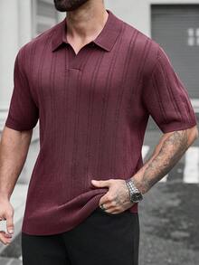 Manfinity Homme 加大码男士纯色 Polo 领短袖针织衫 男士针织衬衫 男士短袖休闲男士纽扣针织 Polo 衫 男士 V 领罗纹酒红色男士衬衫 - 彩色 - 查看 4