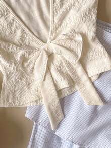 Muvela Camiseta Nova de Primavera/Verão com Laço Decorativo Sem Costas em Tecido de Malha Texturizado Branco, Elegante Vintage para Carnaval, Festa, Doce, Fofa, Uso Urbano, Escritório - Damasco - Visão 4