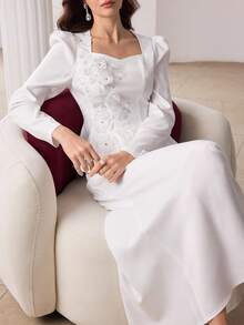 Modelyn 春夏优雅方领刺绣花瓣袖上衣搭配鱼尾裙 - 白色 - 查看 7