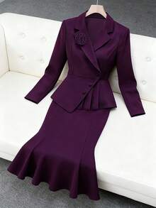 Modelyn Plus Size Women's Solid Color 3D Floral Decor Jacket And Mermaid Hem Skirt Elegant Suit Set - Purple - View 3