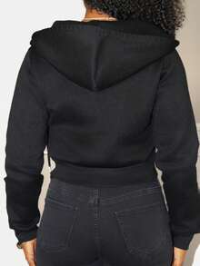 Steph T Zip Up Drawstring Crop Hoodie,Long Sleeve Tops Graduation,Back To School Outfits,Graduation,Teacher Outfits For Women,Back To School In Fall/Winter - Black - View 2
