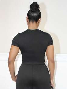 Steph T T-shirt court ajusté pour femmes, col rond, manches courtes, imprimé lèvres, style décontracté de rue, mélange de coton, convient pour l'été - Noir - Voir 2