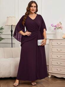 Reflora Plus Size Elegant Party Solid Color Twist Waist Dress - Purple - View 5