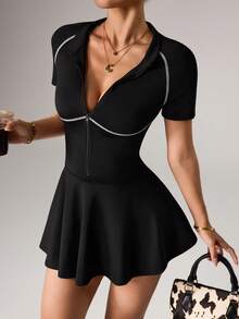 Dewbera Women's Half Zip Front Contrast Stitch Open Back Sports Dress - Black - View 2