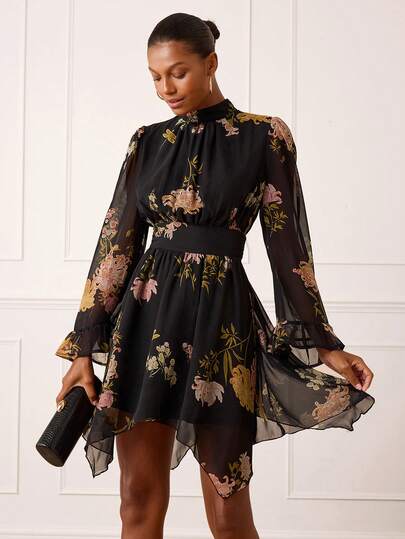 Lilora Women's Elegant Floral Print Asymmetric Hem Stand Collar Long Sleeve Short Dress Elegant And Sophisticated New Styles, Suitable For Outings, Commuting, Everyday Casual Wear, Parties, Dates, Gatherings, Outings, Holidays, Vacations, And Holiday Travel. Black Floral Dress Long Sleeve Floral Dress