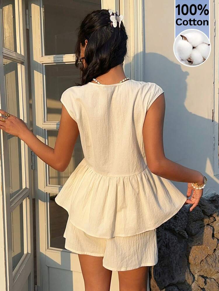 Serisse Women's Casual Cotton Deep V-Neck Shirt And Shorts 2 Pieces Set, Beach Holiday Beige Two Piece Set Women Summer 2 Pieces Sets Linen Two Piece Set Summer 2 Piece Sets Woman Cream Two Piece Set Women Vacation Outfit Sets - Apricot - View 2